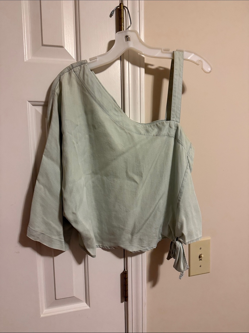 Anthropologie Pale Chambray One-Shoulder Tie-Sleeve Top